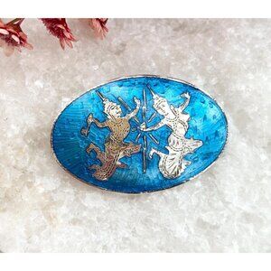 Mekkala Goddess & Ramasoon Blue Enamel Siam Sterling Silver Vintage Brooch